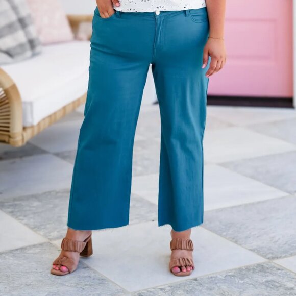 YMI - High Rise Trouser Cropped Wide Leg Jeans in Teal - Picture 2 of 2
